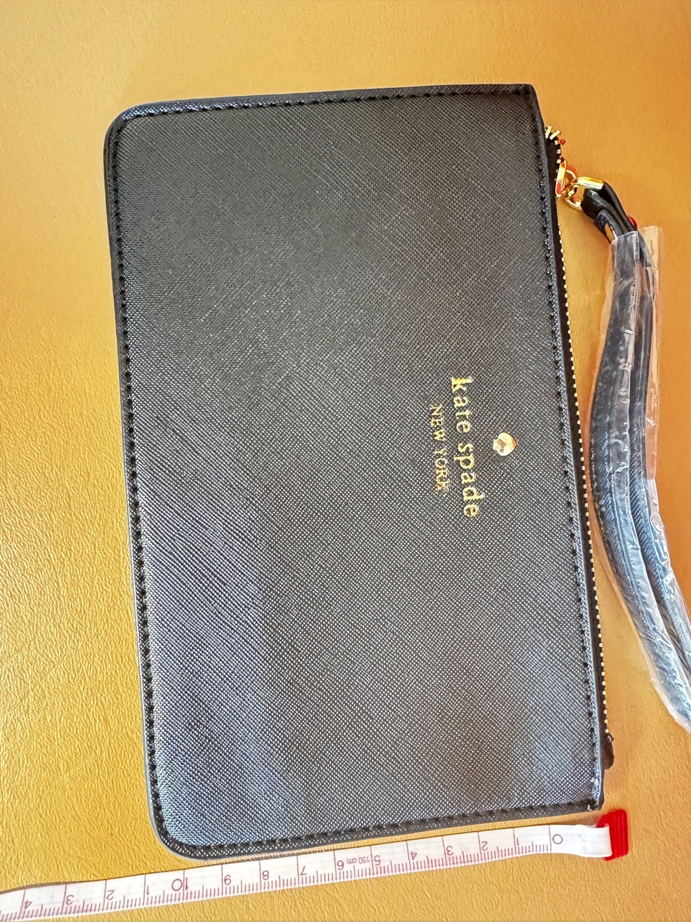 kate spade Black Saffiano Leather Wristlet with Gold Logo